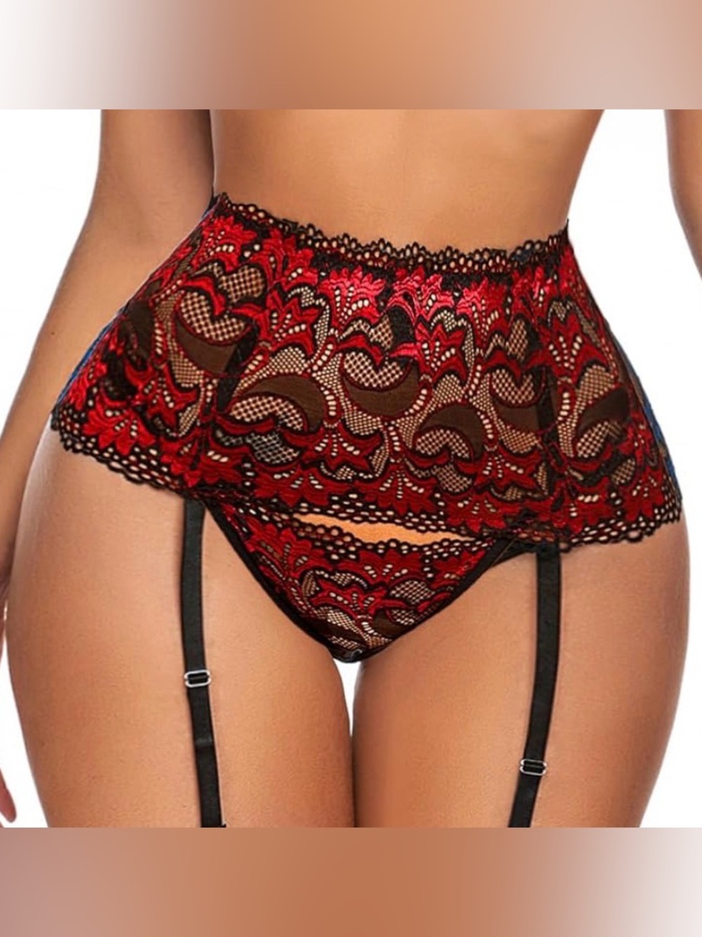 Floral Lace Garter Belt - Red/Black
